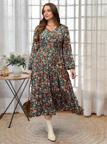 EMERY ROSE 大码女式碎花 V 领灯笼袖连衣裙，优雅度假，优雅女士连衣裙，冬季连衣裙 - 彩色 - 查看 4