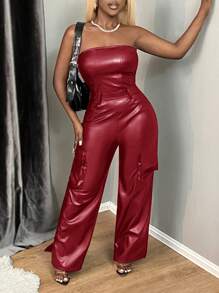 SHEIN SXY Utility Pocket PU Bustier Jumpsuit In Solid Black - Burgundy - View 8