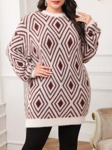 Mulvari Plus Size Women Casual Batwing Loose Pullover Sweater With Geometric Pattern - Multicolor - View 1