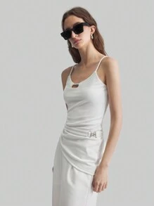 Ontre White Metal Decor Hollow Hem Asymmetric Hem Rib Knit Camisole For Women, Suitable For Spring/Summer, Holidays Like Valentine's Day