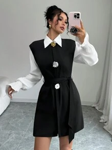 SHEIN Frenchy 女士简约休闲短款连衣裙，采用 3D 花卉装饰 - 黑色 - 查看 6