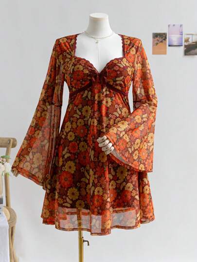 Soleia Plus Size Women Holiday Autumn/Winter Lace-Trim Mesh Patterned Brown Base Floral Print Flare Sleeve Mini Dress,Beach Dress Sundress,Holiday Outfits Boho