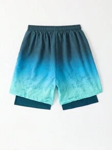 SHEIN Quần short đi biển cạp rút họa tiết màu chuyển sắc cho bé trai tuổi teen có lót, phong cách kỳ nghỉ - Màu xanh lam - Xem 2