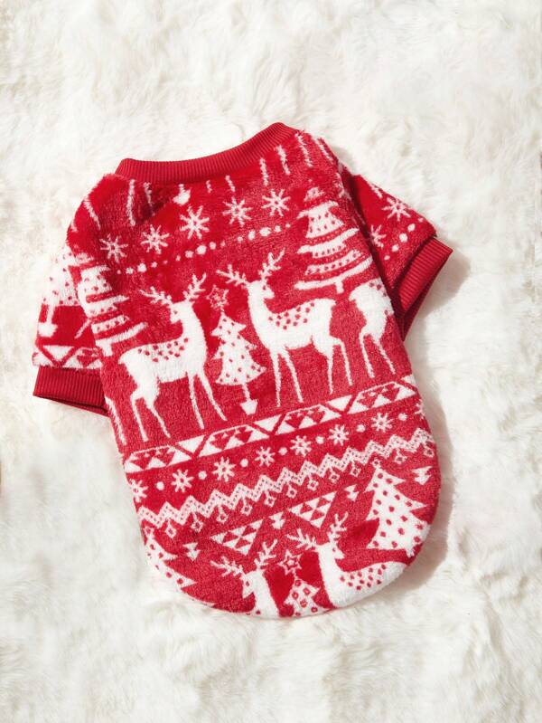 PETSIN 1pc Pet Dog Natal Rena Padrão Geométrico Flanela Quente Vermelho Gola Redonda Moletom Com Capuz