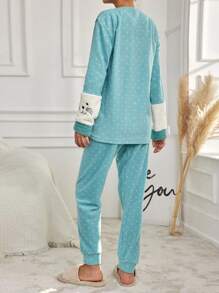 RueChic Letter and Cartoon Embroidery Teddy PJ Set - Green - View 2