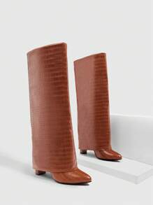 CUCCOO SZL 女士时尚棕色石纹粗跟尖头过膝靴，时尚派对、节日和圣诞节新年情人节 - 棕色 - 查看 10