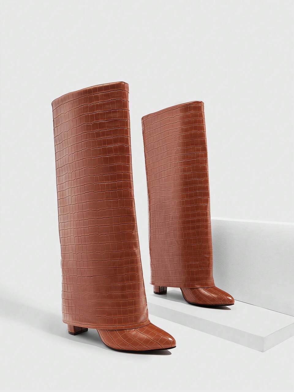 CUCCOO SZL Women's Fashion Brown Stone Texture Block Heel Pointed Toe Over-The-Knee Boots, Stylish For Party, Holiday And Christmas New Year Holiday Valentines Valentine's Day