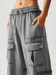 Bohemela Vacation Casual Solid Color Knitted Pleated Pocket Palazzo Pants For Women