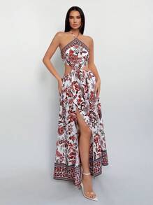 SHEIN Tall 夏季海滩花卉印花露背侧开叉高腿镂空腰部连衣裙 - 彩色 - 查看 3