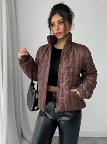 Chiquease Abrigo acolchado de mujer de manga larga con cuello alto de alta gama, de tela acolchada marrón, para otoño/invierno