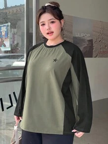 Dazy Petite Plus 星星印花拼色插肩宽松 T 恤，军绿色长袖上衣，春夏秋装，秋季女装 - 軍綠色 - 查看 5