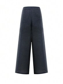 INAWLY Women's Solid Color Hollow Knitted Wide Leg Sweater Pants - Royal Blue - View 2