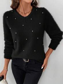 SHEIN LUNE Suéter de punto esponjoso decorado con strass, casual para otoño/invierno