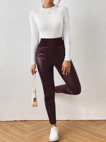 SHEIN Essnce 女式皮革裤、皮革紧身裤、羊毛紧身裤、勃艮第皮裤、保暖内衬紧身裤、冬季女式高腰修身仿皮裤、闪亮马镫加厚紧身裤、裤子、冬装、女式裤子