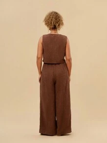 Travachic Plus Size 2pcs/Set Vest Cardigan And Wide Leg Pants Outfit