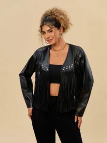 SHEIN VCAY Plus Size Women Pu Leather Long Sleeve Patchwork Tassel Fashion Jacket, Autumn