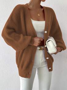 Chiquease Cárdigan informal de color liso con mangas farol, para otoño/invierno