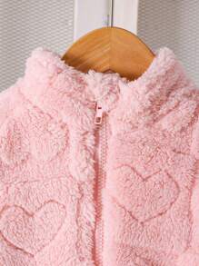 2pcs Baby Girls' Casual Heart-Checkered Fleece Jacket & Pants Set, Warm Winter Outfit With Cuffed Sleeve & Legs For Outdoor