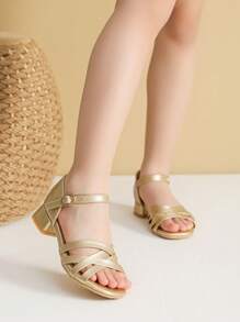 Girls' High Heel Sandals, Summer Children's Shoes, Gold Braided Double Strap Girls Sandals - Gold - View 6