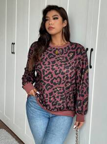 SHEIN Frenchy Sudadera con cuello redondo de talla grande casual y vintage con estampado de leopardo