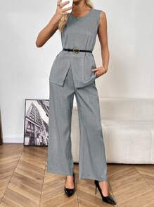 Calvaya Conjunto de 2 piezas de top sin mangas asimétrico con cuello redondo y pantalones de pierna ancha de talle alto, casual y de moda, versátil para otoño e invierno