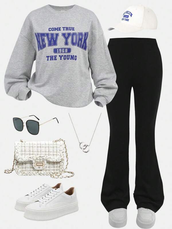 Girlism Teenager Mädchen 2 Stücke Set, Grau und Schwarz, Herbst und Winter, Streetwear Sportmode, locker gestrickter grauer Sweatshirt mit englischem Aufdruck & vielseitige schwarze weite Hose, Schulanfang