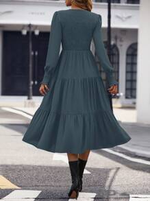 SHEIN Clasi Women Crew Neck Long Sleeve Pleated Simplistic Casual Dress Maxi Women Outfit