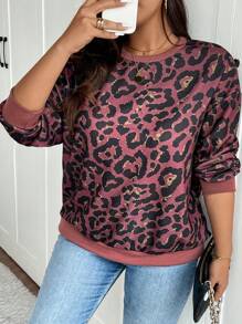 SHEIN Frenchy Sudadera con cuello redondo de talla grande casual y vintage con estampado de leopardo