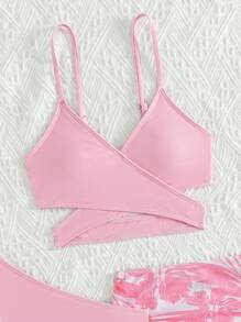 Tween Girl Tropical Printed Cross-Wrap Two-Piece Bikini Set - Pink - View 4