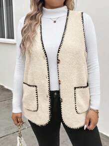 INAWLY Plus Size Color Block Trim Front Button Sleeveless Pocket Casual Jacket - Apricot - View 1