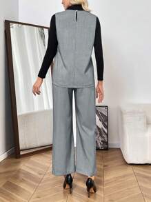 Calvaya Conjunto de 2 piezas de top sin mangas asimétrico con cuello redondo y pantalones de pierna ancha de talle alto, casual y de moda, versátil para otoño e invierno