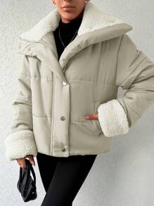 EURMUSE Women's Furry Patchwork Long Sleeve Casual Padded Coat - Beige - View 4