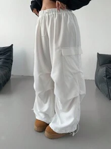 POPSWAY Plus Size Women's Solid Color Drawstring Waist Wide Leg Casual Cargo Pants Fall Cloth For Women - White - View 4