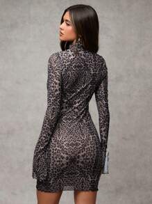 SHEIN BAE Women's Fashionable Sexy Leopard Print Flare Sleeve Bodycon Mini Dress,Party Women Outfits,New Years Women Dress,Christmas Women Clothes - Coffee - View 2