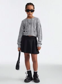 SHEIN Tween Girls Fall/Winter Basic Cable-Knit Thermal Grey Fitted Crew Neck Sweater - Grey - View 7