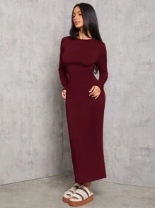 SHEIN PETITE Vestido de manga larga de unicolor negro con pliegues en la cintura