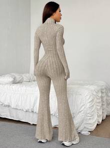 SHEIN EZwear Dames jumpsuit met lange mouwen, rits aan de voorkant en kraag, casual