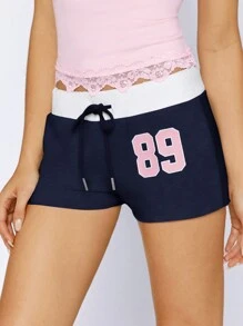 SHEIN EZwear Granatowe super krótkie spodenki z ozdobnymi literami, letnie, swobodne