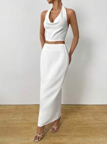 SHEIN Unity Conjunto de 2 piezas de top y falda de unicolor elegante para mujer, para fiesta, conjunto de dos piezas - Blanco - Ver 5