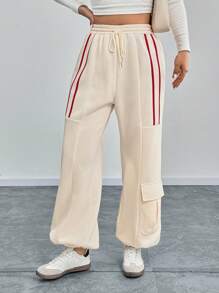 Calvaya Plus Size Effen Kleur Losse Casual Taille Trekkoord Patchwork Gestreepte Cargo Joggingbroek