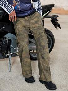 Manfinity EMRG Pantalones rectos con estampado de serpiente y flores para hombres, apropiados para ropa fresca para usar en la calle - Multicolor - Ver 4