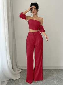 Elenzga 2pcs/Set Elegant Solid Color Off-Shoulder Cropped Top And Long Pants For New Year Clothes