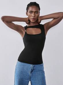 Lumivelle 1pc Black Hollow Out Sexy Ladies Tank Top, 1pc Black Knit Elastic Women Tank Top