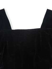 Teen Girl Solid Color Ruffle Bell Sleeve Square Neck Velvet Dress - Black - View 4
