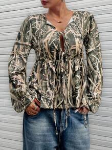 Chiquease Blusa de manga farol con lazo y estampado 3D de paja, camisetas gráficas para mujer, blusas informales elegantes