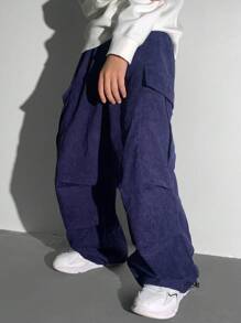 青少年男孩休闲日常口袋装饰抽绳腰部宽松纯色裤子 - 寶藍色 - 查看 7