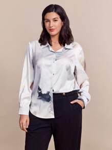 SHEIN Clasi 大码女式扎染长袖单排扣休闲衬衫（秋季） - 彩色 - 查看 2