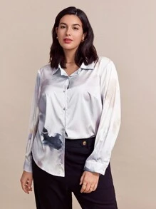 SHEIN Clasi 大码女式扎染长袖单排扣休闲衬衫（秋季） - 彩色 - 查看 4