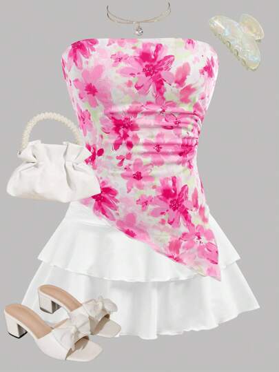 Girlism Teen Girls Floral Print Ruffled Crop Top & Layered Asymmetric Hem Skirt 2pcs Set, Pink & White Holiday Outfits