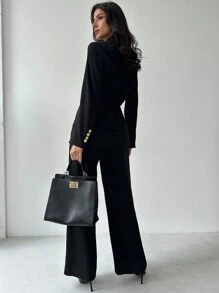 Firerie New Year Women Front Button Long Sleeve Simple Blouse And Long Pants Suit Set